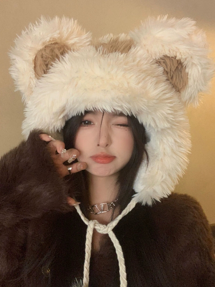 Cute Little Bear Hat  Thick Plush Winter Ear Protection for Women