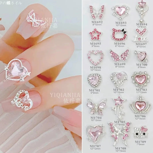 Pink Valentine's Day Nail Art Jewelry - Diamond Studded Peach Heart Butterfly