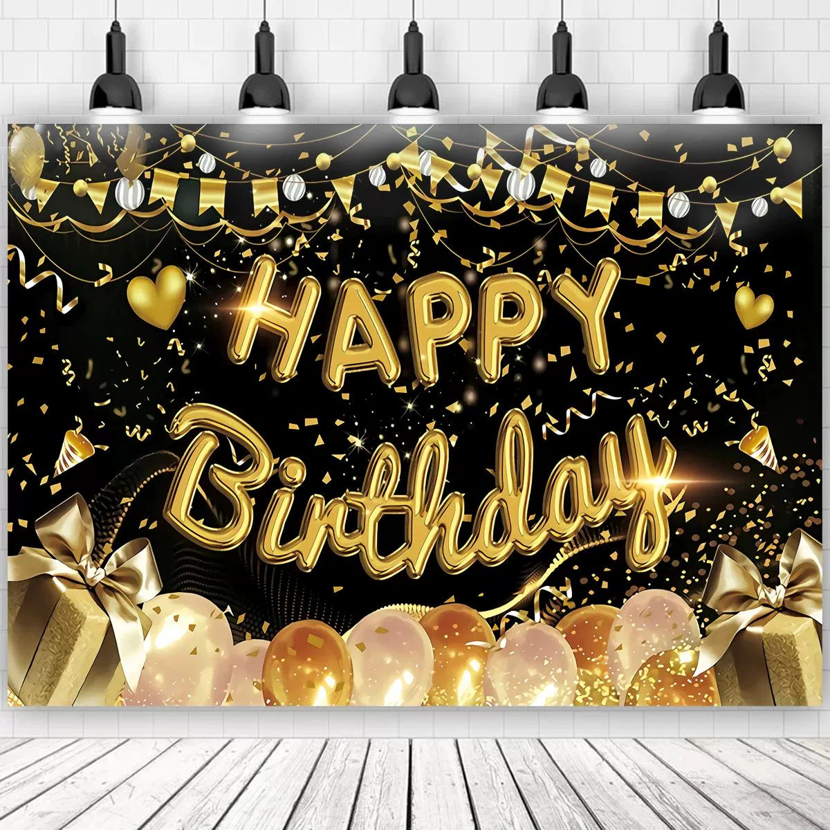 Gold Glitter Happy Birthday Party Backdrop - Black Photo Background