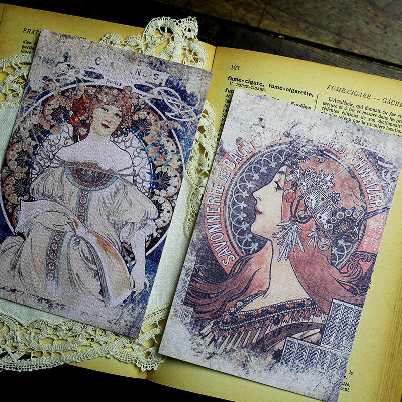 Mucha art Journal Material Set - 30 Sheets of Unique Texture Stickers and Cards