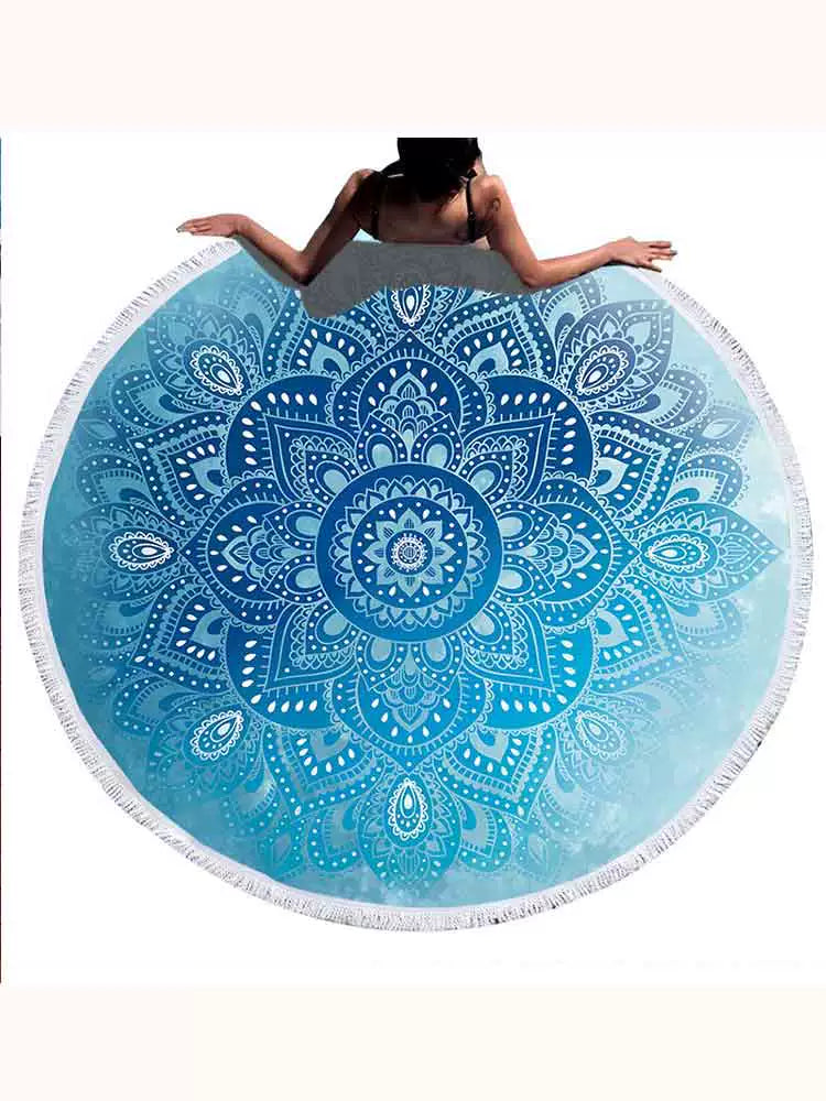 India Blue Mandala Bliss - Round Beach Towel with Tassels