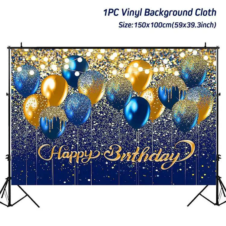 Gold Glitter Happy Birthday Party Backdrop - Black Photo Background