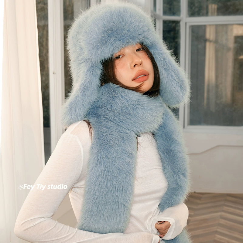 Customized Imitation Mink 2-Piece Set  Thickened Blue Fur Hat and Scarf