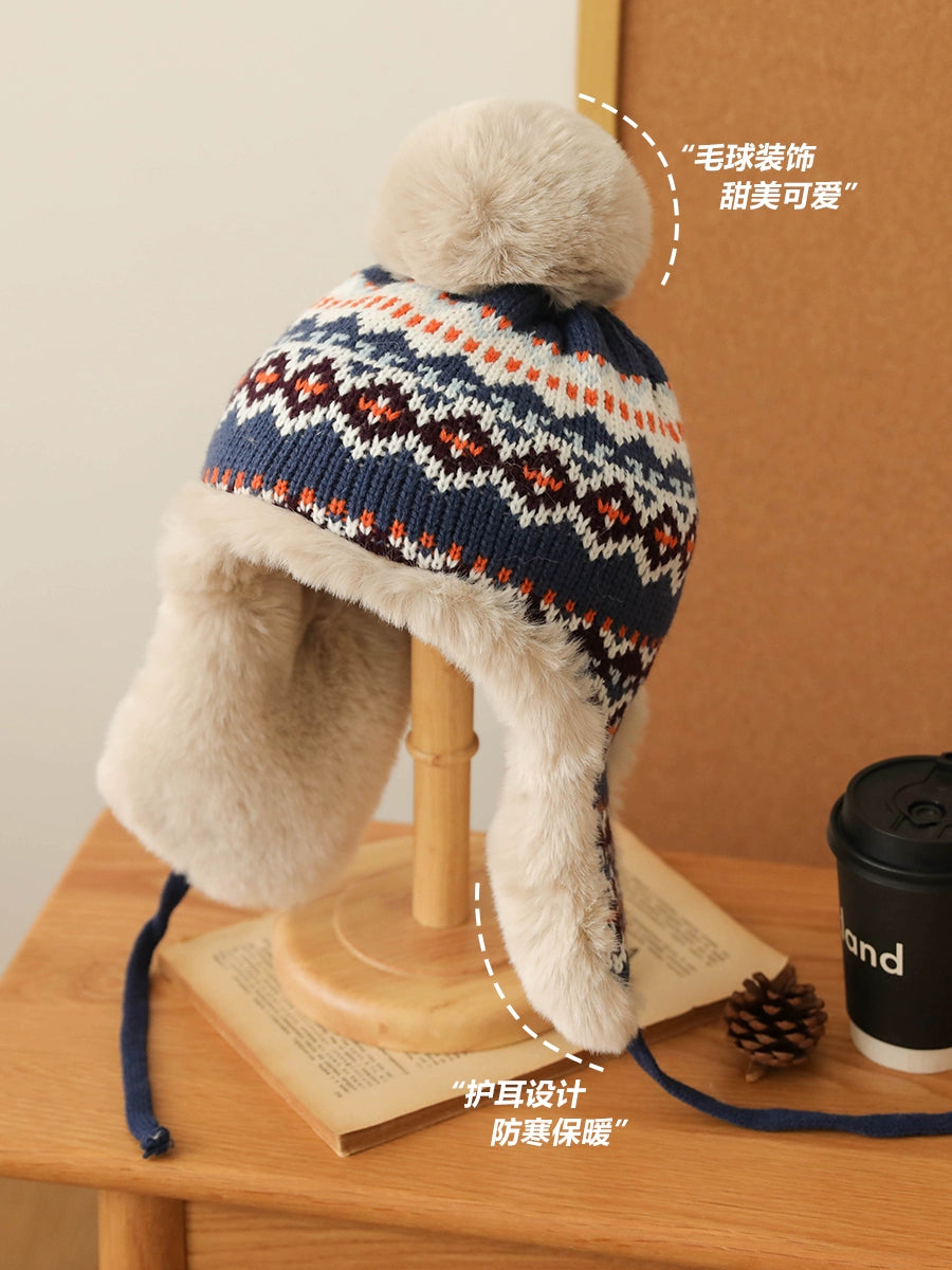 Plush Thickened Rabbit Fur Ear Protection Knitted Hat