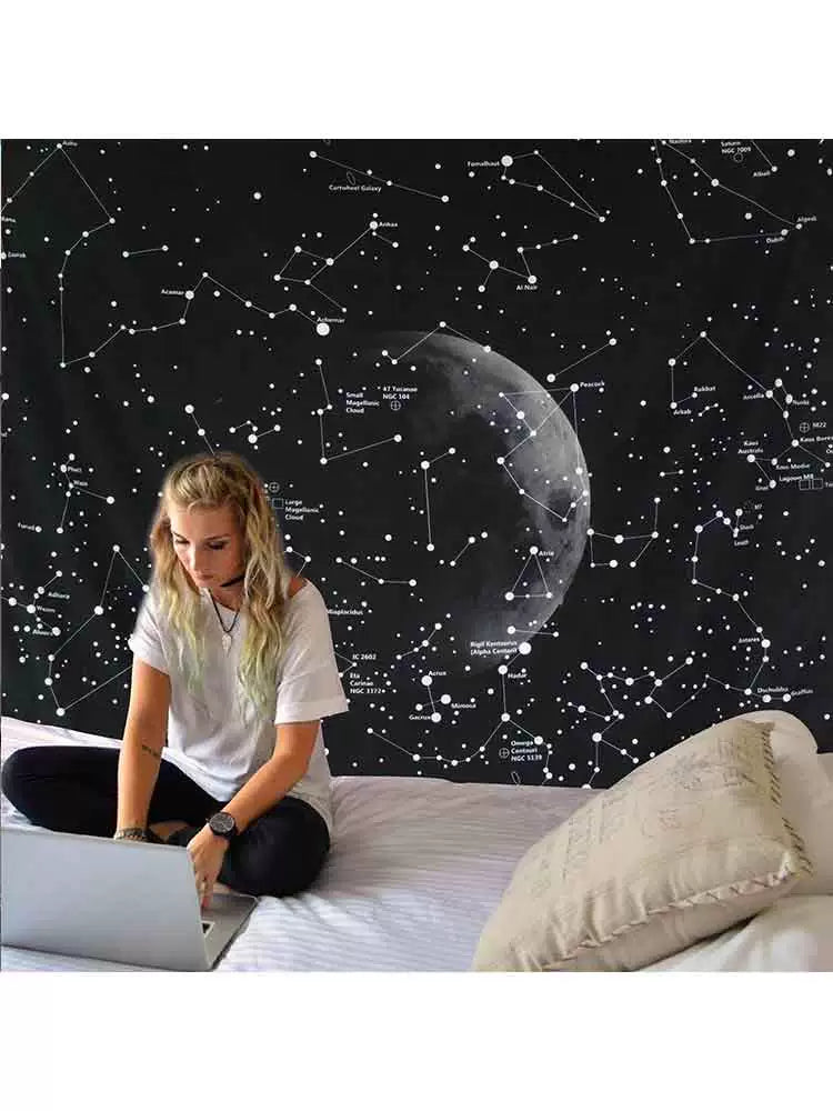 Galactic Dreams - Black Starry Moon Hanging Tapestry