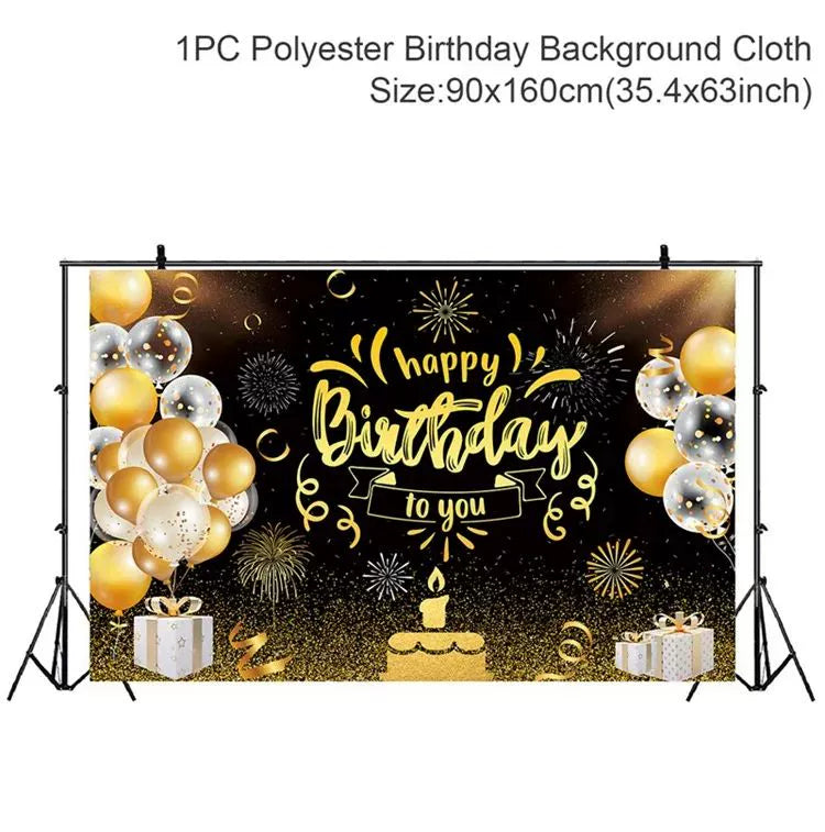 Gold Glitter Happy Birthday Party Backdrop - Black Photo Background