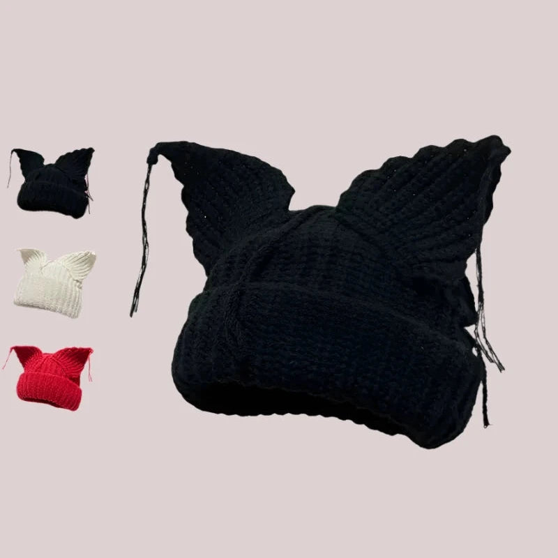 Black Trendy Woolen Knit Hat with Cat Ears