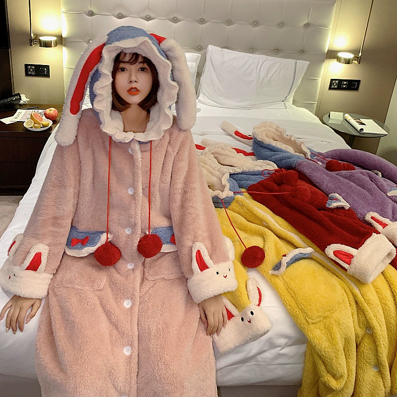 Red Year of the Rabbit Pajamas  Women's Winter Coral Velvet Nightgown