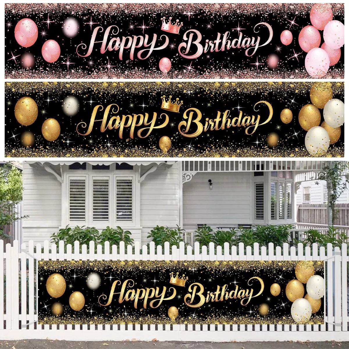 Gold Glitter Happy Birthday Party Backdrop - Black Photo Background