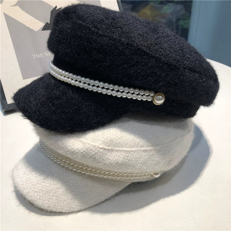 British Pearl Plush Military Hat  Chic Versatile Beret