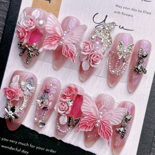 Pink Dai Butterfly Handmade Nail Art - High-End Detachable Fake Nails