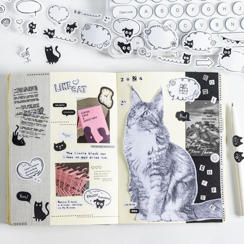 Playful Black Cat Collage Sticker Handbook - Charming DIY Decor and Craft Accents