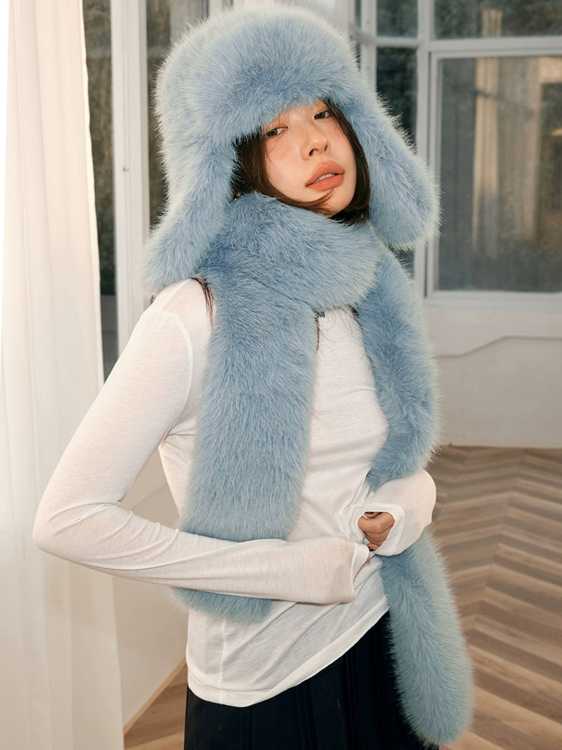 Customized Imitation Mink 2-Piece Set  Thickened Blue Fur Hat and Scarf