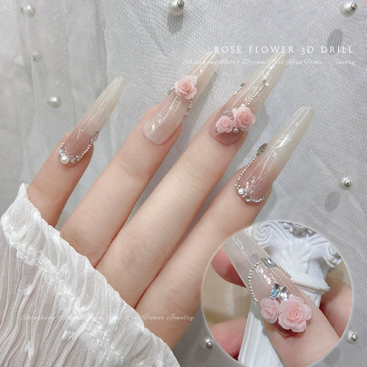 Vintage Resin Carved Rose Nail Art Jewelry - Gradient Camellia Design