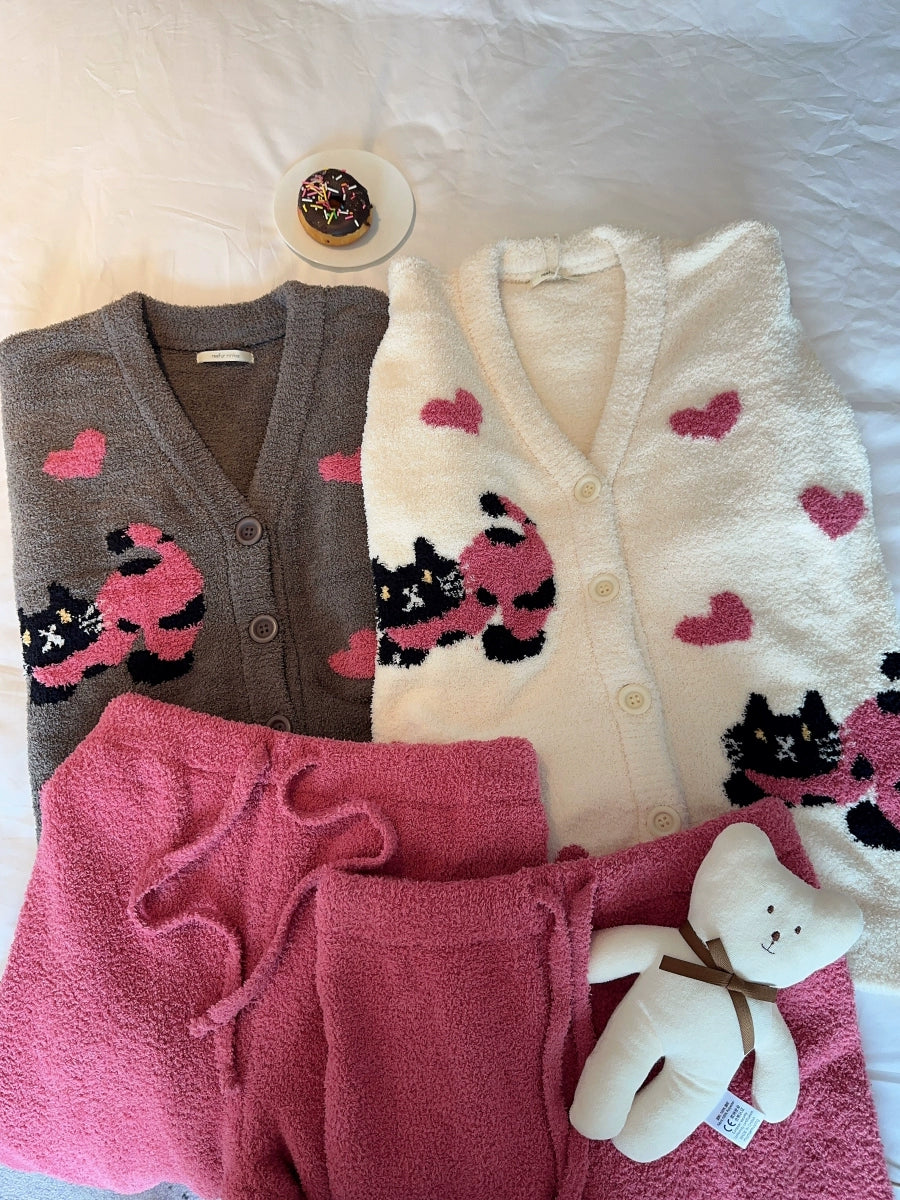 Women's Half Velvet Cardigan Loungewear Set