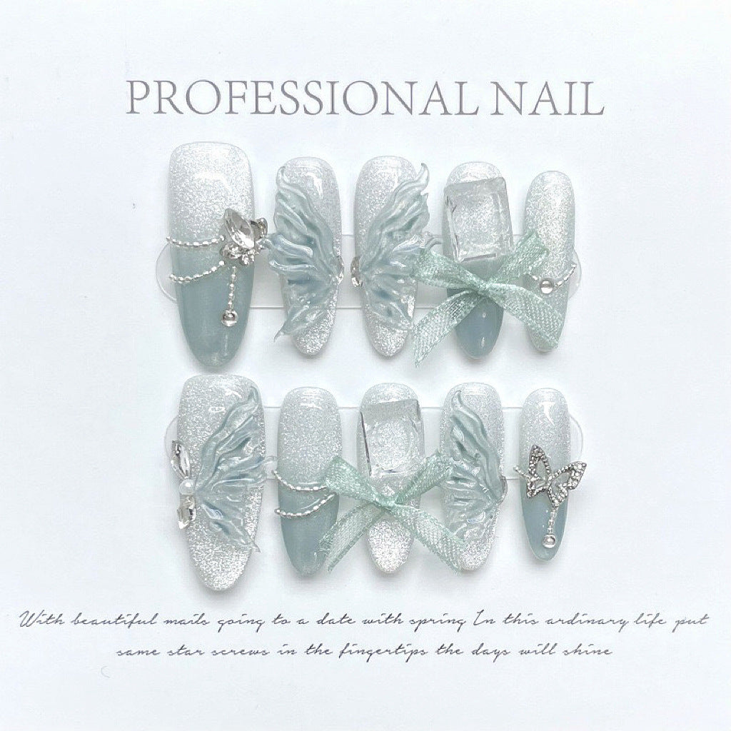 Green Jade Butterfly Nail Art - Ice Gauze Cat's Eye French Whitening