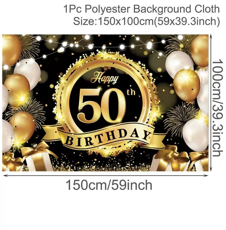 Gold Glitter Happy Birthday Party Backdrop - Black Photo Background