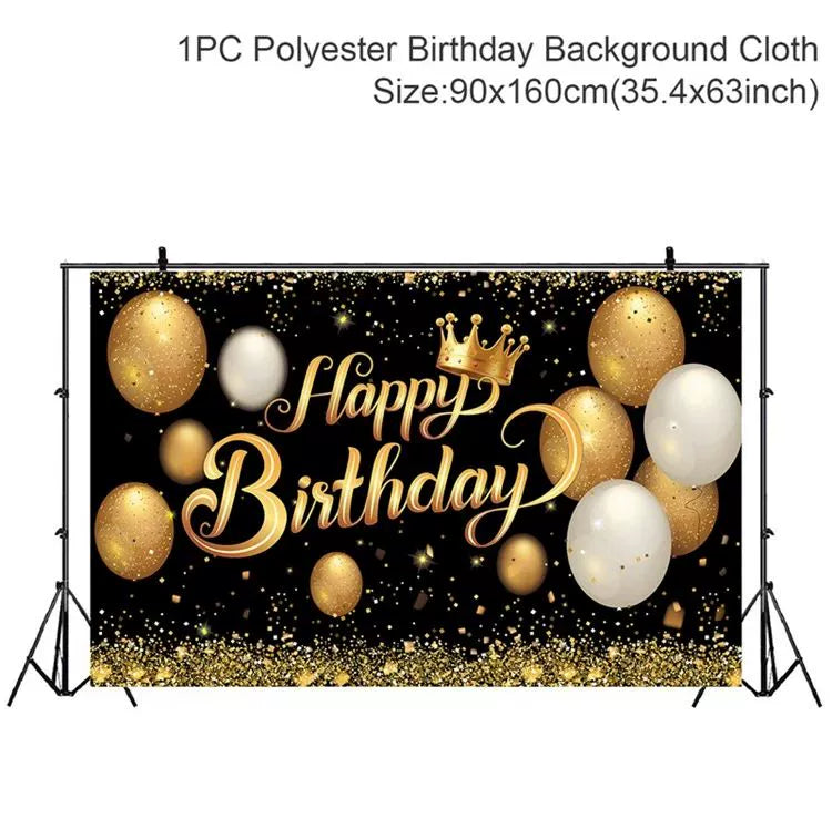 Gold Glitter Happy Birthday Party Backdrop - Black Photo Background