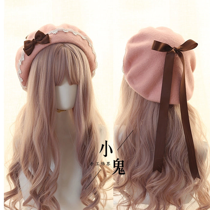 Handmade Woolen Beret for Women - Sweet Heart Lace Bow Design