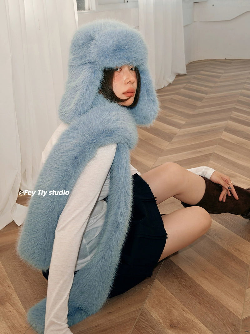 Customized Imitation Mink 2-Piece Set  Thickened Blue Fur Hat and Scarf