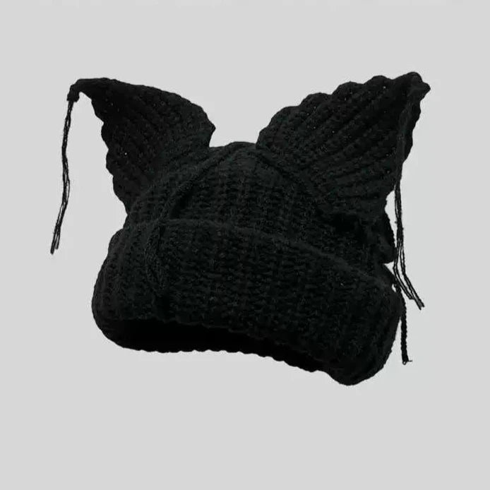 Black Trendy Woolen Knit Hat with Cat Ears