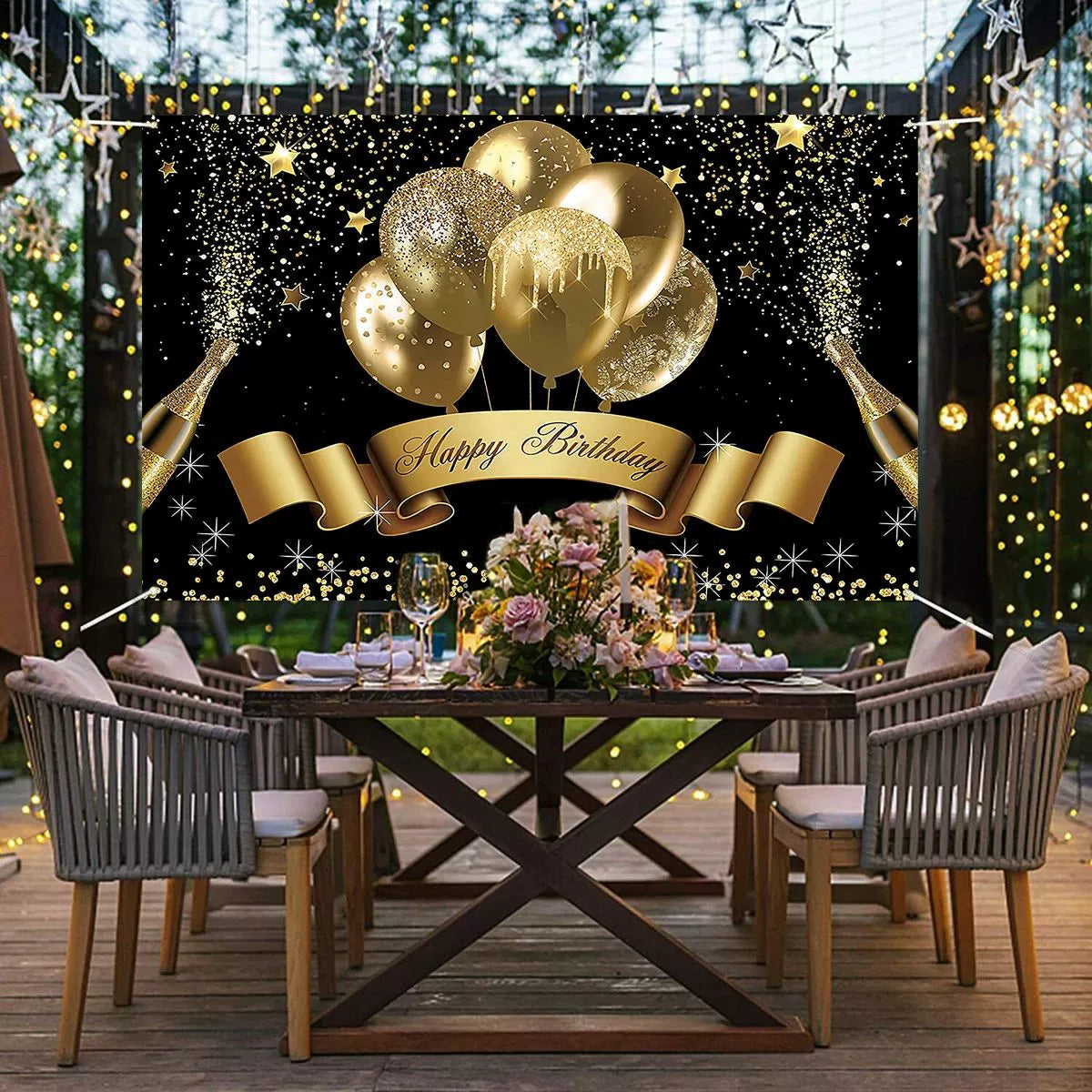 Gold Glitter Happy Birthday Party Backdrop - Black Photo Background