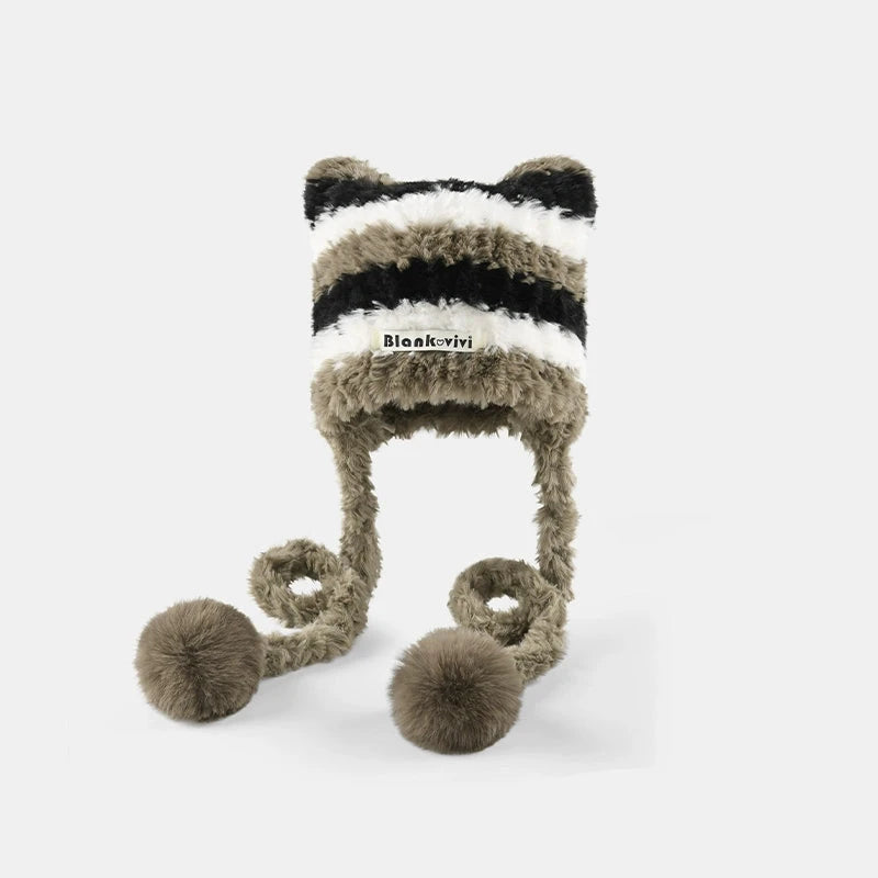 Striped Knitted Woolen Hat for Women - Thickened Ear Protection Cap