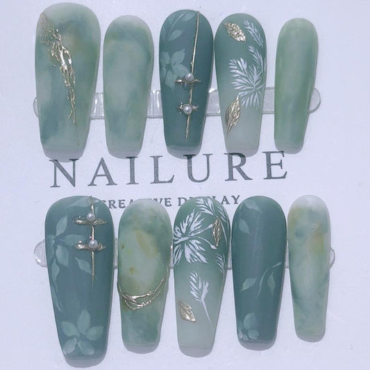 Jade Garden Nail Art - Graceful Green Silk Watercolor Design