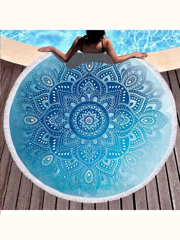 India Blue Mandala Bliss - Round Beach Towel with Tassels