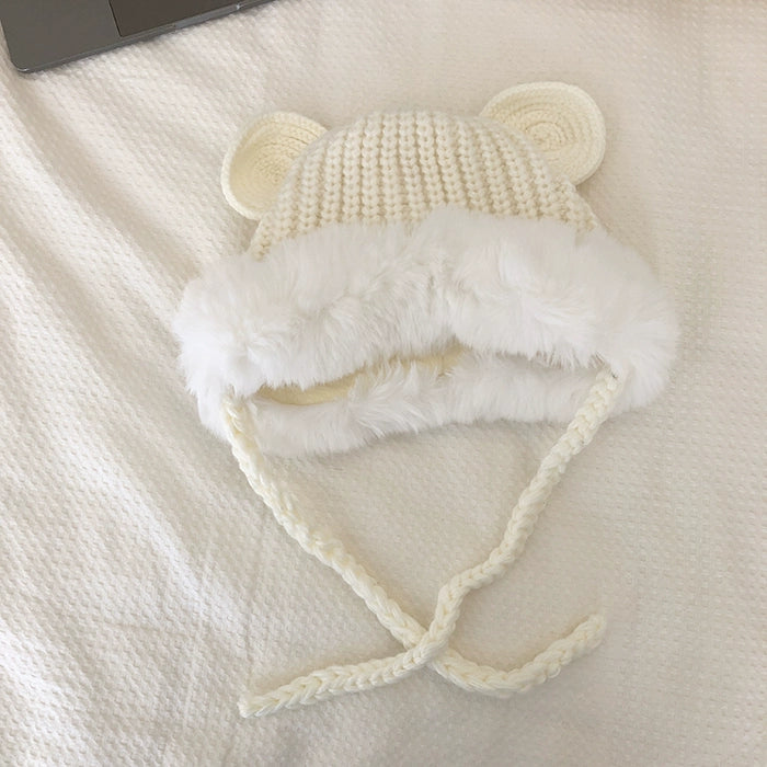 Cute Foreign Style Plush Knitted Hat - Double Layer Ear Protection