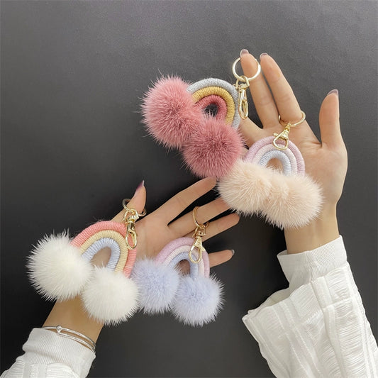 Real Mink Fur Rainbow Cloud Keychain Pendant  Cute Plush Ball Bag Charm