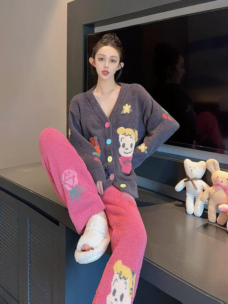 Cute Coral Velvet Pajamas  Women's Fleece Flannel Loungewear Set