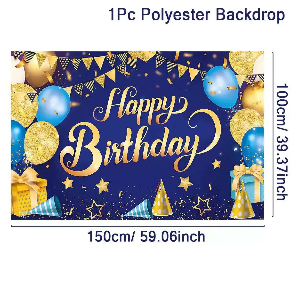 Happy Birthday Backdrop Banner - Large Black and Gold Balloon Star