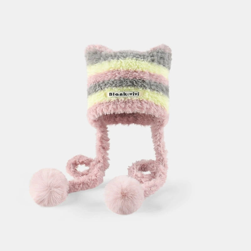 Striped Knitted Woolen Hat for Women - Thickened Ear Protection Cap