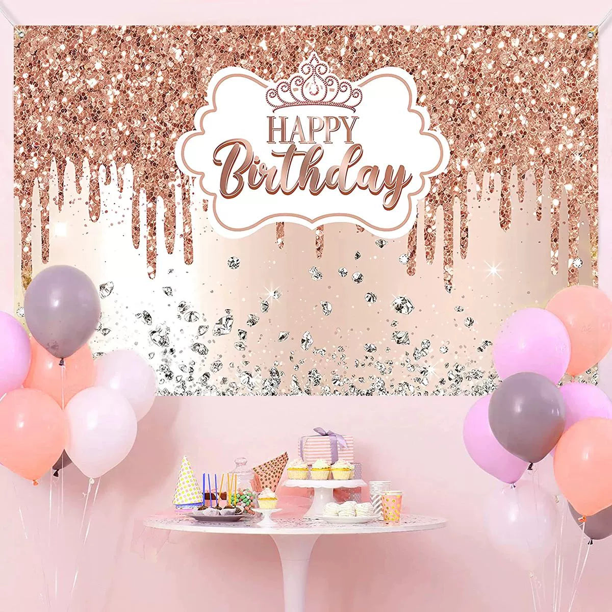 Gold Glitter Happy Birthday Party Backdrop - Black Photo Background