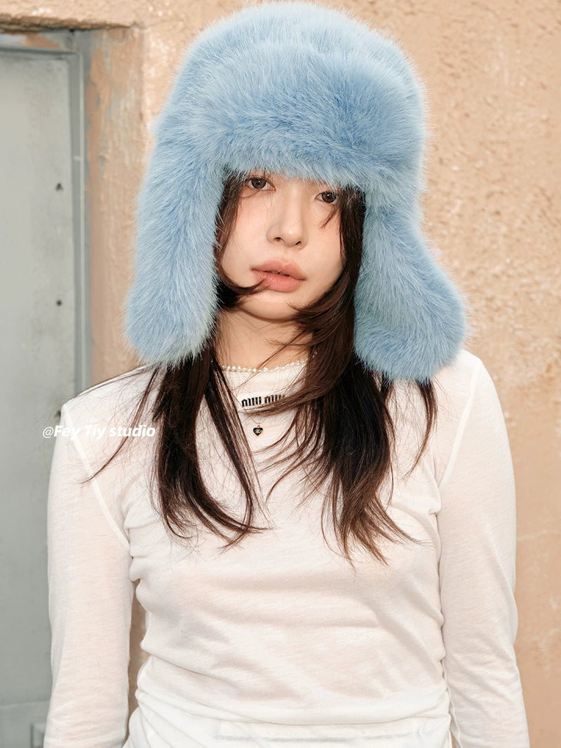 Customized Imitation Mink 2-Piece Set  Thickened Blue Fur Hat and Scarf