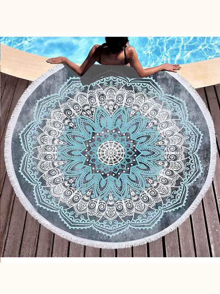 India Blue Mandala Bliss - Round Beach Towel with Tassels