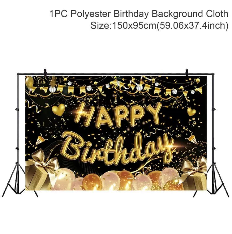 Gold Glitter Happy Birthday Party Backdrop - Black Photo Background