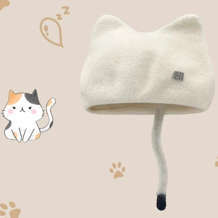 Designer Wool Tweed Cat Ears Beret