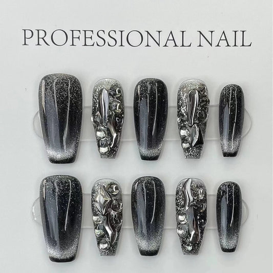 Black Diamond Cat's Eye Nail Art - Handmade Crystal Design