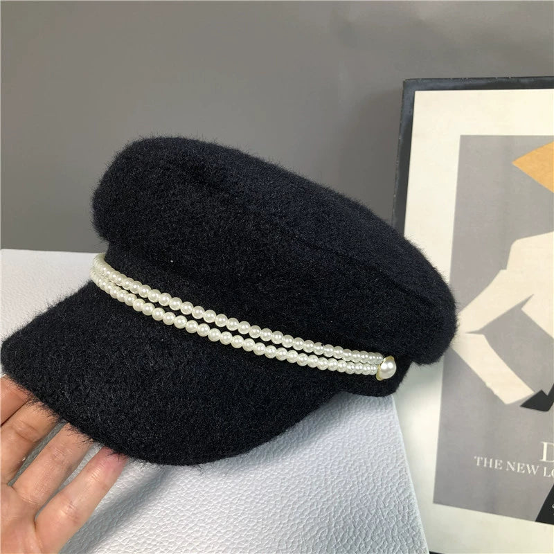 British Pearl Plush Military Hat  Chic Versatile Beret