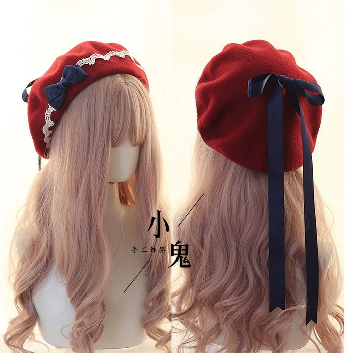 Handmade Woolen Beret for Women - Sweet Heart Lace Bow Design