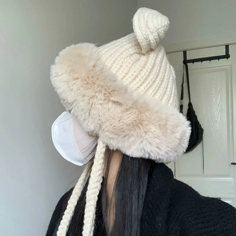 Cute Foreign Style Plush Knitted Hat - Double Layer Ear Protection