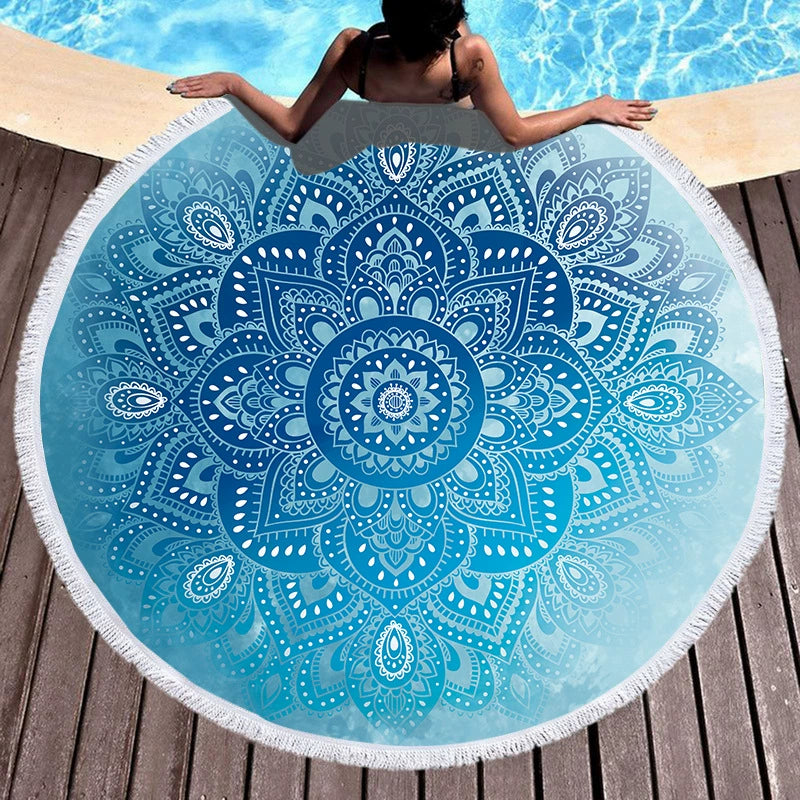 India Blue Mandala Bliss - Round Beach Towel with Tassels