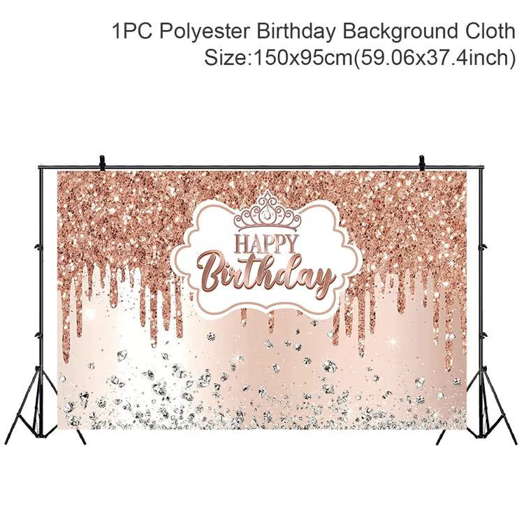 Gold Glitter Happy Birthday Party Backdrop - Black Photo Background