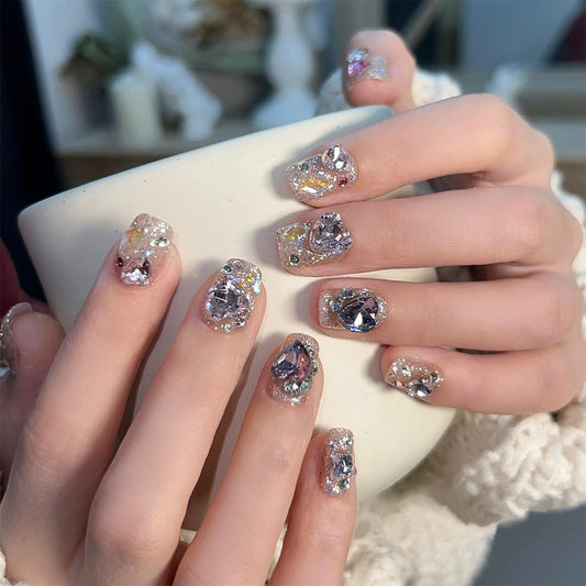 2024 Summer Crooked Heart Chain Pink Diamond Nail Stickers