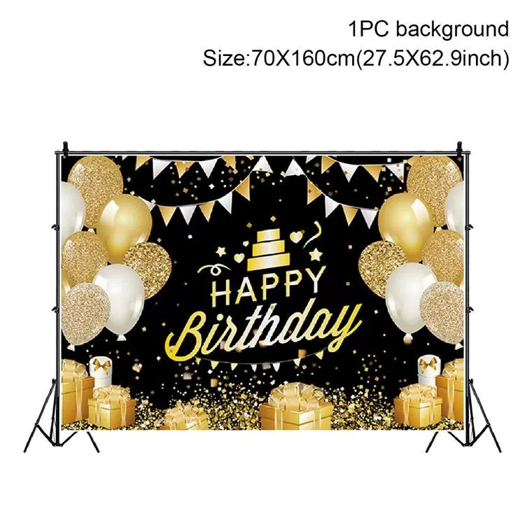 Gold Glitter Happy Birthday Party Backdrop - Black Photo Background