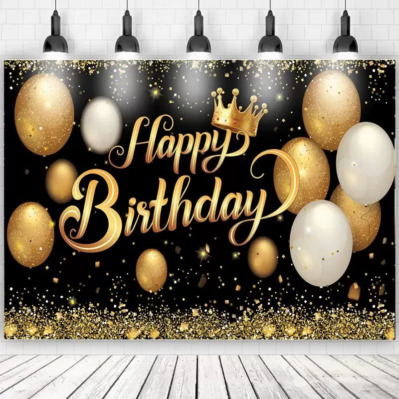 Gold Glitter Happy Birthday Party Backdrop - Black Photo Background