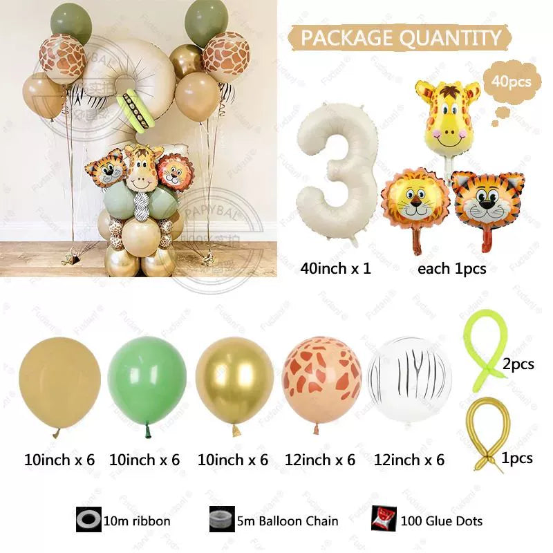 40 Pcs Safari Animal Balloons - Jungle Theme Birthday Party Decorations