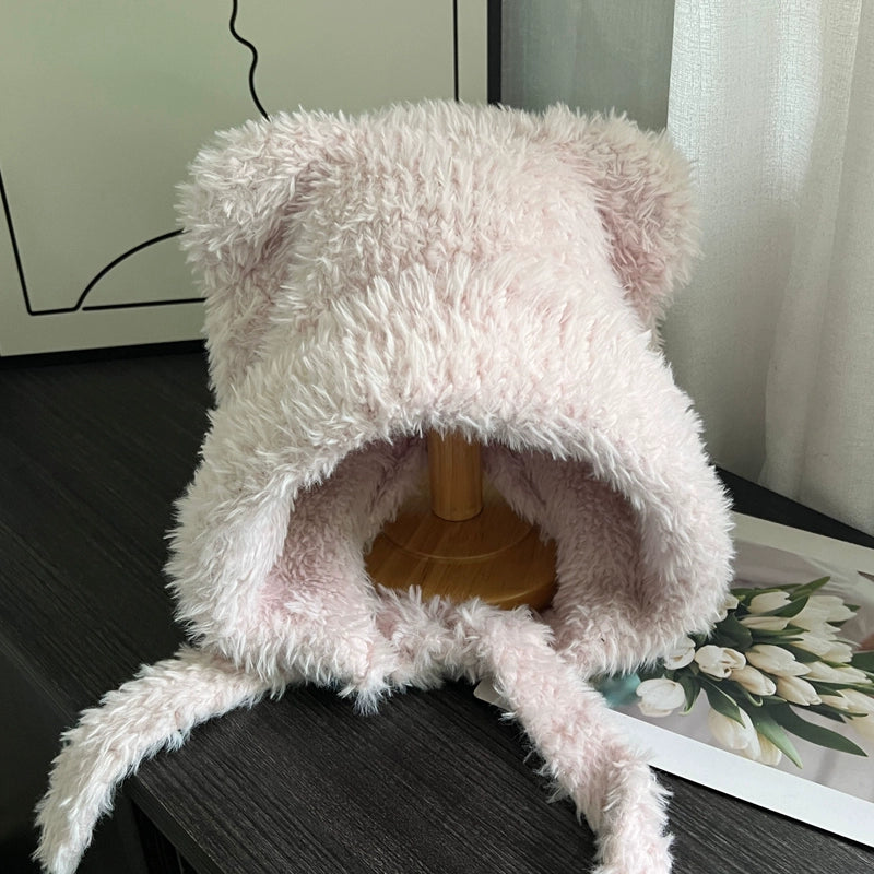 Cute Little Bear Ears Fur Hat  Warm Plush Knitted Ear Protector for Women